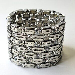 Women's Crystal Silver Tone Wide Stretch Cuff Bracelet
